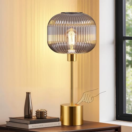 QiMH Glass Table Lamp for Living Room, Modern Bedside Lamp with Grey Ribbed Glass Shade, 3-Way Dimmable Touch Control Nightstand Lamp for Bedroom, Brushed Gold (2700K LED Bulb Included) by Qimh