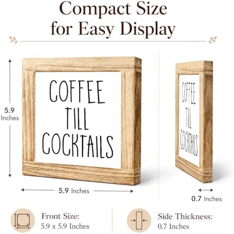 Coffee Till Cocktails Wood Sign, Funny Drink Bar Decor Plaque, Rustic Farmhouse Kitchen Counter Accent, Coffee Station Shelf Sitter For Home Bar Dining Room Cafe Corner Gift, 5.9 x 5.9 in - Image 2