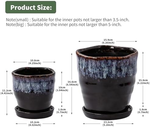 4+6 Inch Ceramic Planter Set of 2 with Drainage Hole,Saucer for Plants, Indoor-Outdoor Round Succulent Orchid Flower Pot- Cement Paint, Inner-pots not Larger Than 5 Inch Reactive Glaze Spot - Image 3