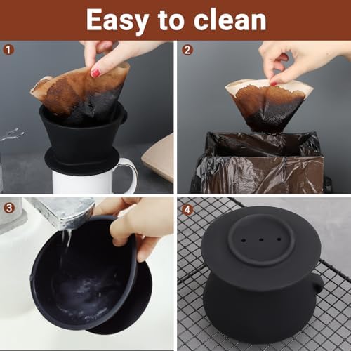Segarty Pour Over Coffee Maker Set, Black Silicone Dripper Single Cup With 200 Count Cone Filters Paper Size 2, Portable Travel Hand Drip Brewer Kit for Camping - Image 5