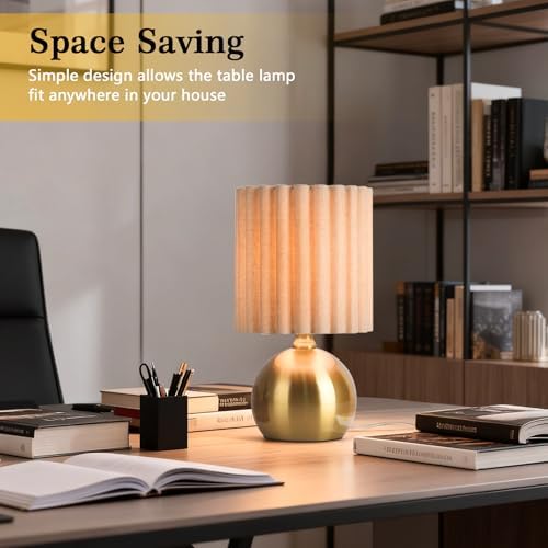 Ziqqeelam Gold Small Table Lamp with Scalloped Linen Shade, Mini Brass Gold Table Lamp for Bedroom Nightstand, Cute Desk Night Light for Living Room, Bookshelf, Kitchen Counter, Kids Room, Office - Image 6