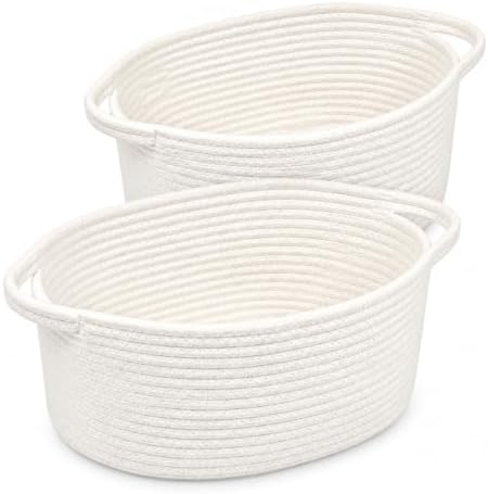 Small Woven Cotton Rope Baskets with Handles, Set of 2, White by Togous