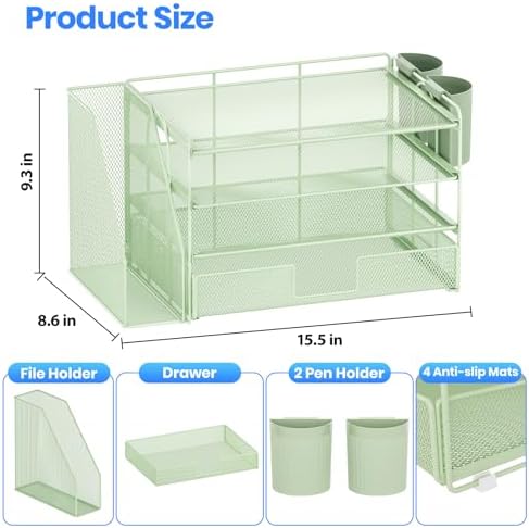 OPNICE Desk Organizer, 4-Tier Desktop File Organizer with Drawer and Pen Holders, Office Desk Accessories, File Sorters, Workspace Organizers for Office Supplies(Green) - Image 2