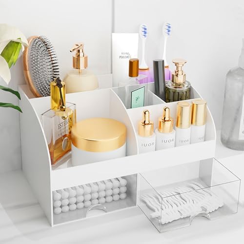 Makeup Organizer with Drawers, Cosmetic Storage for Dresser Vanity and Bathroom Countertop, Beauty Holder for Lipstick Brush, Skincare Organizer for Vanity, Cosmetic Display Case (White) by COMFYROOM