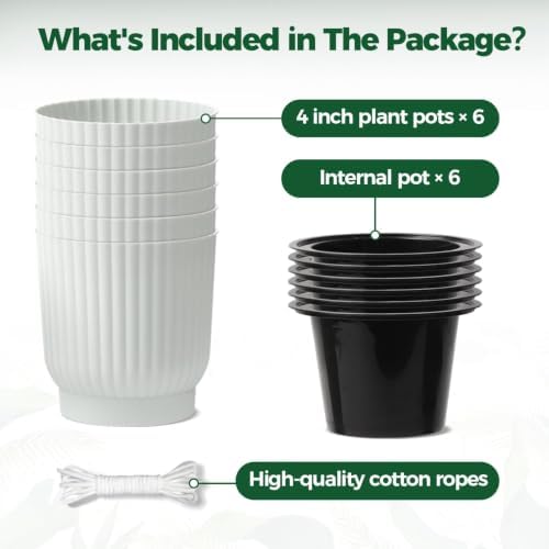 T4U Self Watering Pots for Indoor Plants, 4 Inch 6 Pack Planter White - Image 6