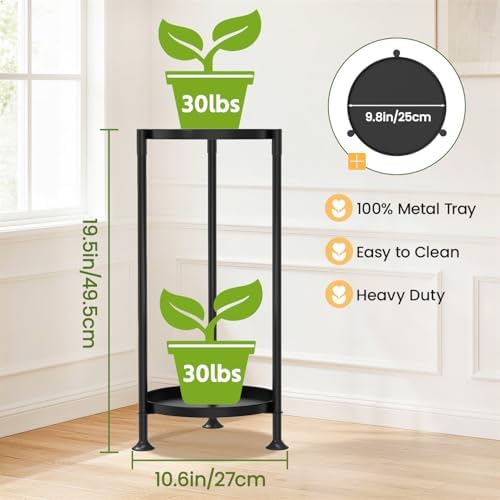 LASZOLA Plant Stand Indoor Tall Corner with Large Metal Tray, 2 Tier Black - Image 2