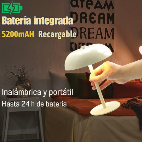 Cordless LED Mushroom Table Lamp, 5200mAh Battery, Dimmable 3 Color, White - Image 5