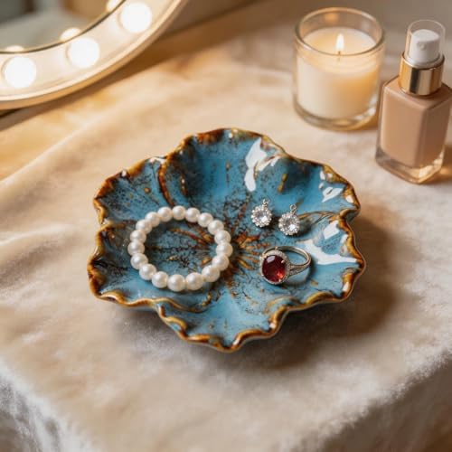 Flower Shaped Ceramic Jewelry Tray, Decorative Trinket Dish for Rings Earrings Necklaces, 5 Inch Ceramic Catchall Tray for Vanity Bathroom, Gift for Women (Blue) - Image 2