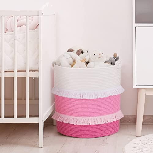 CherryNow 60L Woven Rope Baby Basket with Tassel, 17" x 16", Pink - Image 5