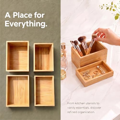 4-Pack Bamboo Drawer Organizer, Stackable Desk Storage Trays - Image 5