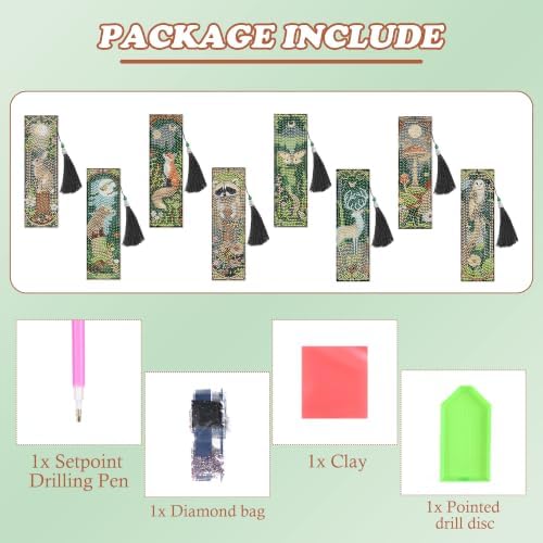 8 Pack Diamond Painting Bookmark of Forest and Animal Theme with Tassel - Image 2