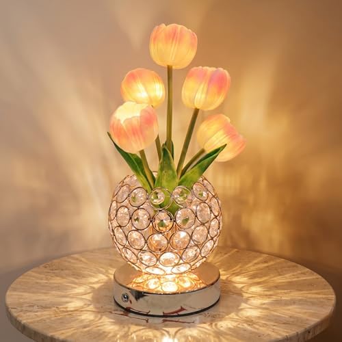 Tulip Night Light with Dazzling Crystal-Like Base, 3-Color Touch Control Flower Lamp, Stepless Dimming Rechargeable Floral Table Lamp, Aesthetic Romantic Gifts for Women Mom Wife (Pink) by Unknown