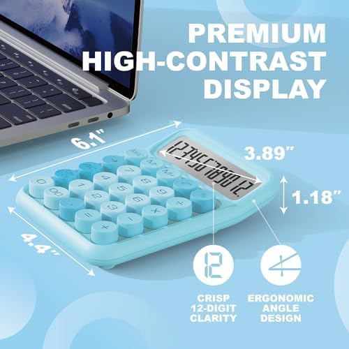 CATIGA Mechanical Switch Calculator, Blue Calculator with 12 Digit Large LCD Display & Big Buttons for Office Desk, Classroom Math, Back to School Supplies, Cute Aesthetic Desk Accessories - Image 2