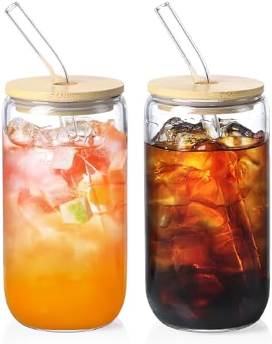 2 Pack Glass Cups with Bamboo Lids and Straws 16 oz, Gifts for Women, Drinking glasses set, Iced Coffee, Tea Cup, Cute Aesthetics Tumbler Cup, Mothers Day, Birthday Gifts for Her Mom by NETANY