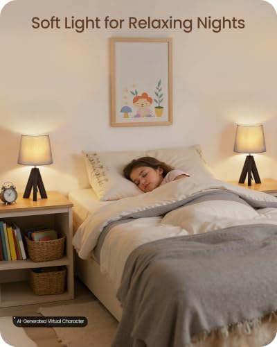 Tripod Table Lamp, 14.6" Small Bedside Lamp, Modern Nightstand Lamp with Gray Shade & Dark Walnut Base, Boho Desk Lamp for Bedroom, Kids Room, Living Room, Study, E26 Socket, VH51TL05 - Image 6