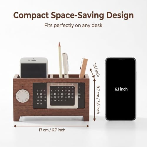 Wooden Desk Organizer with Perpetual Calendar, Multi-Compartment Pen Holder, Office Desk Storage Box for Pens, Phone, Stationery & Small Accessories - Image 5