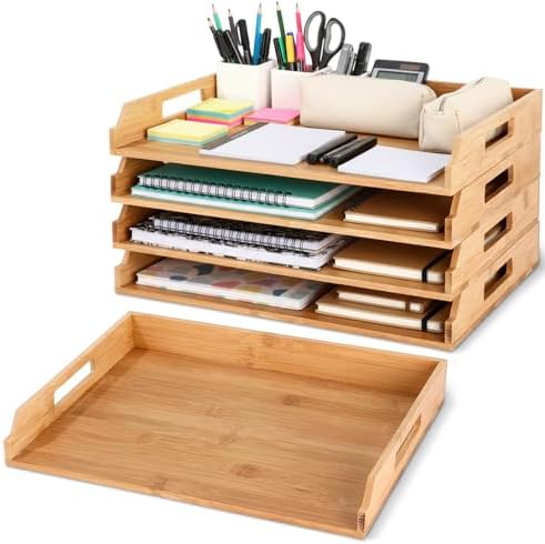 AceOrbit 4 Pcs Stackable Paper Tray Bamboo Wood Desk Organizer Letter Tray by Unknown