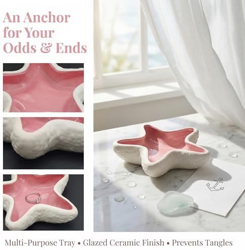 Starfish Jewelry Dish Ceramic Trinket Tray - Ocean Themed Ring Holder for Earrings, Necklaces, Beach & Bathroom Organizer with Glossy Glaze, Coastal Room Decor Gift for Women，Pink - Image 3