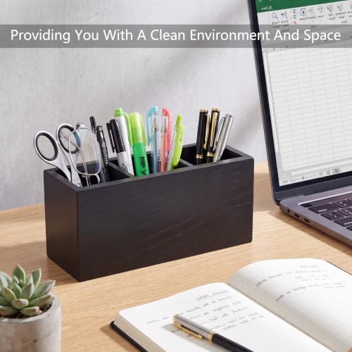 Wood Pen Holder for Desk with 3 Slots (Ash Black) - Image 3