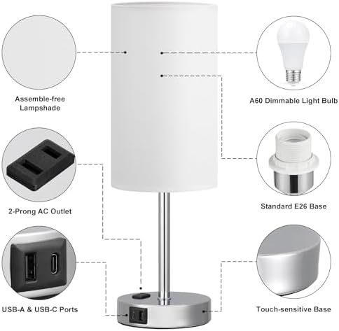 Fenmzee 17.4" White Lamp for Bedroom - Dimmable Touch, USB A+C, AC Outlet - Image 6
