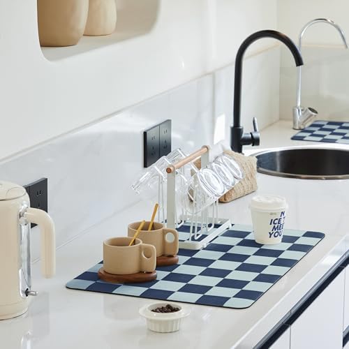 Ohocut Navy Blue Checkered Dish Drying Mat for Kitchen Counter, Coffee Bar Station Accessories, Retro Cute Aesthetic Modern Absorbent Drainer Mat Kitchen Drying Mat Easy Clean (Ocean, 24" x 16") by Ohocut