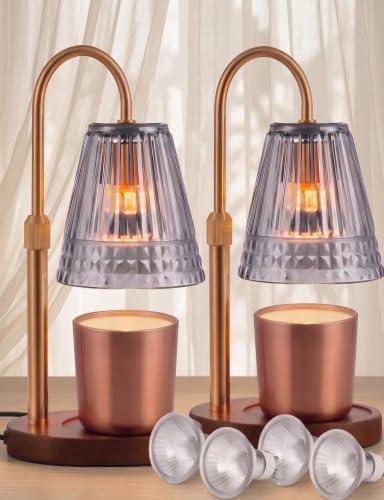 Candle Warmer Lamp with Timer & Dimmer, Adjustable Light Smoky Grey Glass Candle Warmer for Jar Candles, Home Gifts, Brass Electric Wax Melt Warmer with 4 Bulbs (2 Pack) by Unknown