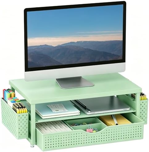 gianotter Desk Organizers and Accessories, Monitor Stand with Drawer and 2 Pen Holder, Desktop Organizer Suitable for Offices and Dormitories (Sage Green) by gianotter