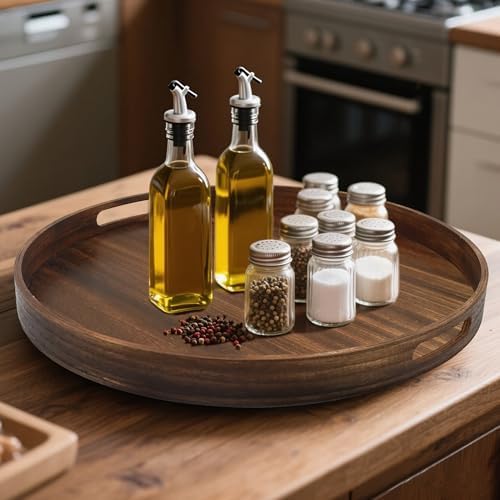 19.6" Extra Large Round Wooden Decorative Tray with Handles,Wood - Image 7