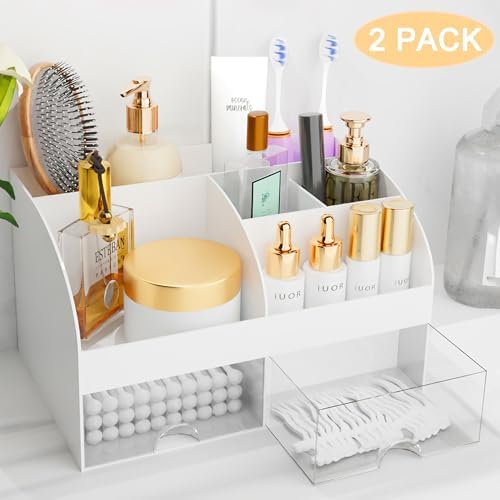 Makeup Organizer with Drawers, Cosmetic Storage for Dresser Vanity and Bathroom Countertop, Beauty Holder for Lipstick Brush, Skincare Organizer for Vanity, Cosmetic Display Case (White-2P) - Image 2