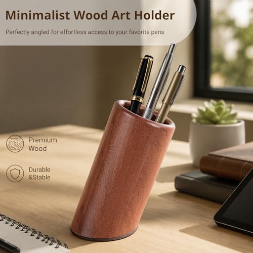 walowalo Pen Holder Natural Wooden Pencil Holder for Desk, Angled Design Makeup Brush Holder Pencil Cup, Multiple-Use Marker Holder Desktop Stationary Organizer for Office, Home, School - Image 4