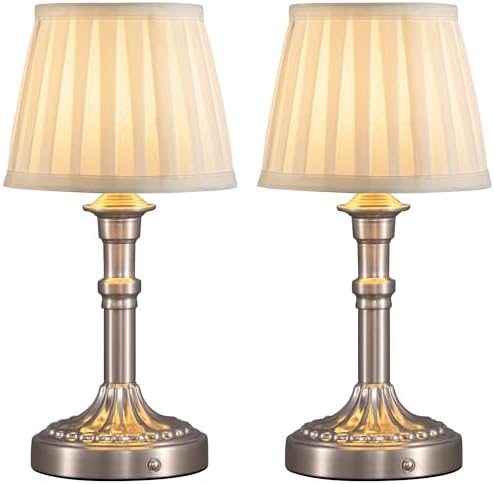 KDG Nickel Cordless Table Lamps Set of 2, Beige Fabric Shade Desk Lamp by KDG