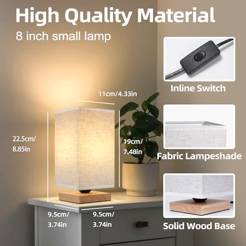 Small Square Bedside Table Lamp for Bedroom, Minimalist Wood Base & Round Fabric Shade, Mini Cute Cozy Warm Nightstand Boho Lamp, Study Desk Night Stand Light for Room, Dorm, Nursery, Living Room - Image 2