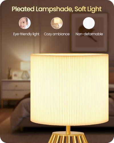 Gold Table Lamp with Pleated Lampshade, 12.6" Small Bedside Lamp - Image 3