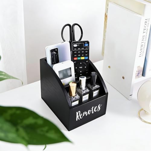 Rustic Vintage Wooden Desk Organizer Farmhouse Wood Remote Control Caddy, 3 Slot Tabletop Desktop Office Supply Storage Rack Desktop TV Remote Control Holder Home Decor Office Supplies Storage (Black) - Image 6