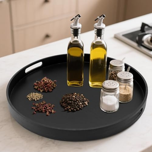 19.6" Extra Large Round Wooden Decorative Tray with Handles,Black - Image 7