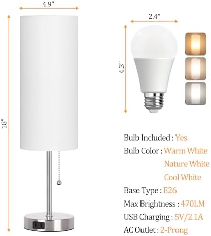 Dott Arts 18" Table Lamp for Bedroom, 3-Color Bedside Lamps with Pull Chain - Image 3