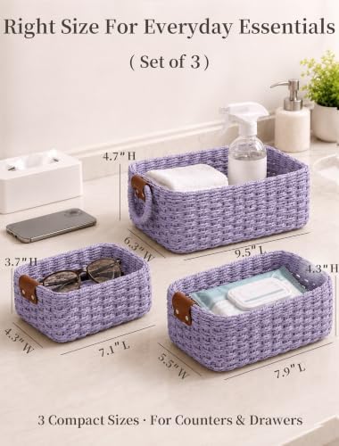 Small Wicker Baskets, 3 PCS Paper Rope Baskets for Shelves, Purple - Image 2