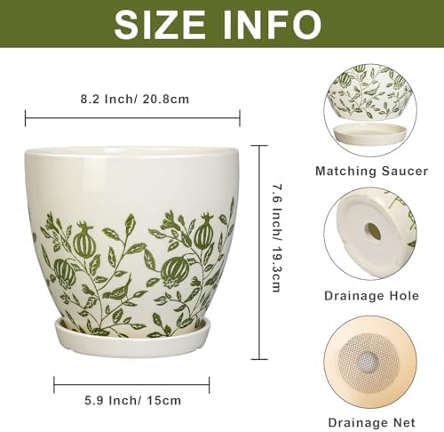 MPotTo Ceramic Planter - 8.2 Inch Plant Pot for Indoor Outdoor Plants, Boho Round Ceramic Flower Pot with Drainage Hole and Saucer, Gifts for Plant Lovers, Home Garden Apartment Decor, White - Image 3