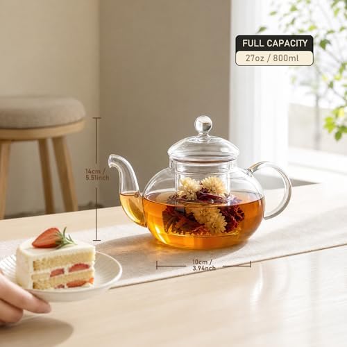 800ml(27oz) Borosilicate Glass Teapot with Removable Glass Infuser, Stovetop Safe Clear Tea Kettle for Blooming Tea & Loose Leaf Tea - Image 2