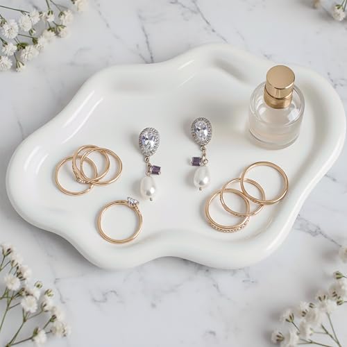 Cloud Ceramic Tray, Glossy White Irregular Jewelry Dish, Luxury Ceramic Ring Holder and Vanity Organizer, Cloud Trinket Plate for Keys, Perfume, or Nightstand Decor by Unknown