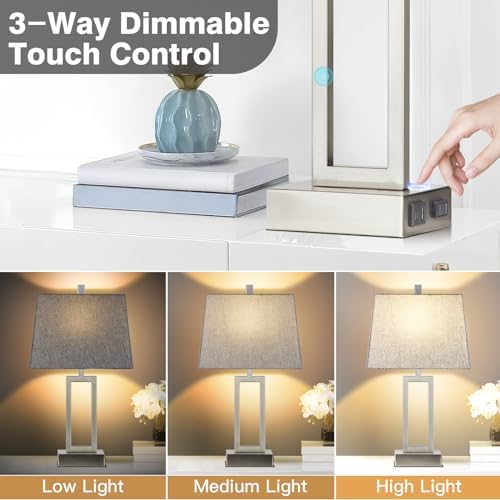 Lolikit 23.5" Touch Control Table Lamps, Metal Bedside Lamp for Bedroom Set of 2 with USB A+C Ports & AC Outlet, 3-Way Dimmable Nightstand Lamp for Living Room (LED Bulb Included) - Image 3