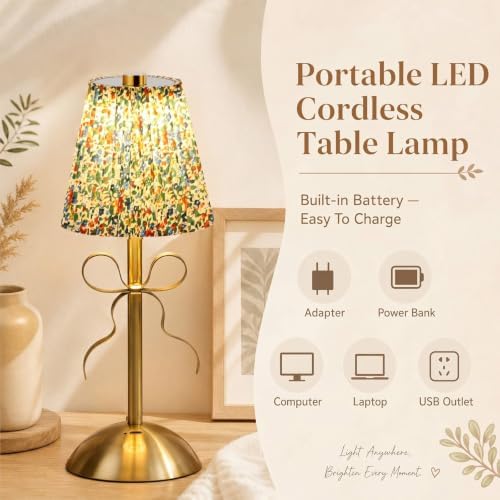 Liliful 2 Pcs Cordless Table Lamp LED Touch, Gold, Floral Style Bow - Image 3