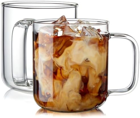 Glass Coffee Mugs, 14 oz iced coffee cups, Clear Tea Cups Set of 2, Glass Mugs with Handles, Glass Cups for Latte, Cappuccino, and Tea by BWODYAY