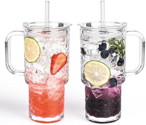 17oz Glass Tumbler with Handle & Lid – 2-Pack Iced Coffee Cups with Straws, Glass Mug for Cold & Hot Beverages Travel Cup for Smoothies, Tea, and Juice (clear-Glacial pattern-2pack) by Unknown