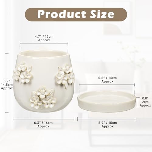 6 Inch Ceramic Plant Pot with 3D Floral Relief Embossed Texture Ivory White - Image 2