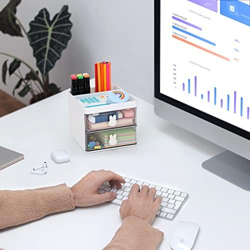 LETURE Small Desk Organizer With Drawer, Office Desktop Storage Box, Business Card/Pen/Pencil/Mobile Phone/Stationery Holder Storage Box, Makeup Organizer for Office School Home (White) - Image 4
