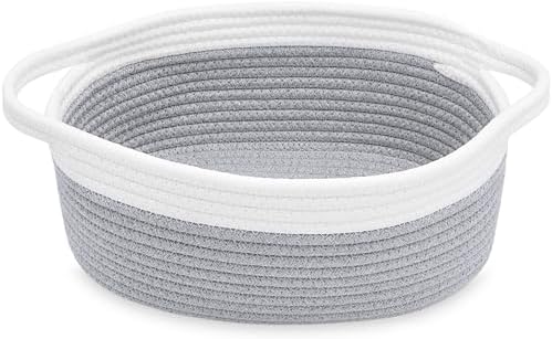ABenkle Small Basket with Handles, Boho Decorative Rope Woven Dog Cat Toy Storage Bin Shelf Storage Organizer, Easter Christmas Gift Basket, 12"x8"x5", Grey by ABenkle