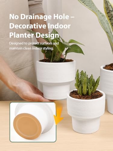 INGOFIN Ceramic Planter Pot Set of 3, 4/5/6 Inch Indoor Decorative Cachepot for Pothos & Succulents, No Drainage Hole, Modern Tabletop Desk Display Plant Pot for Home Decor, Sandblasted White - Image 3