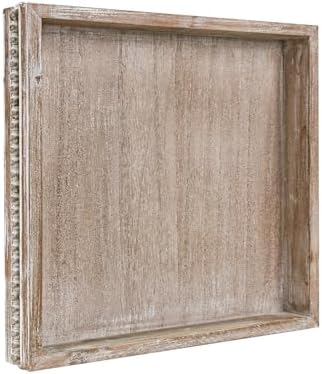 Wooden Decorative Tray, Small Serving Tray with Wood Bead, Farmhouse Big Tray for Ottoman, Countertop, Coffee Tabl, 13" x 13"x 1.6" (White Washed) by CEDARLUX