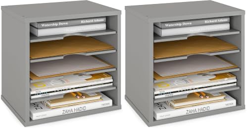 Ballucci 5-Tier File Organizer for Desk, Wooden Mail Sorter, Office Desk Organization, Paper Storage Organizers, Folder Holder for Desk, Letter Trays & Stacking Supports, Gray (Pack of 2) by Ballucci